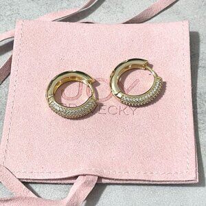 NWOT Joy Dravecky 1" Mini Huggie Hoop Earrings Pave CZ Gold Tone Reversible Bag